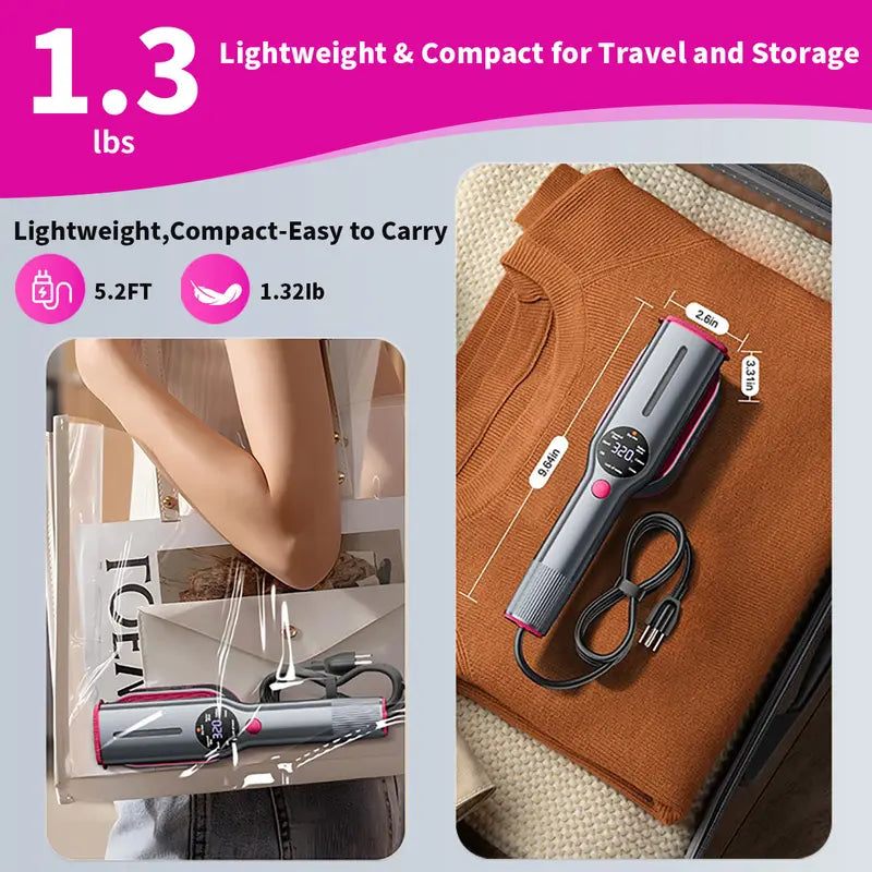 Portable garment steamer with 7 speed settings, LED display, rapid 5-second heating, 90° rotatable handle, suitable for home and travel use.