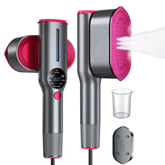 Portable garment steamer with 7 speed settings, LED display, rapid 5-second heating, 90° rotatable handle, suitable for home and travel use.