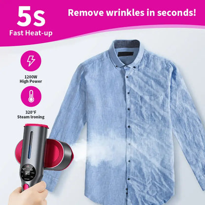 Portable garment steamer with 7 speed settings, LED display, rapid 5-second heating, 90° rotatable handle, suitable for home and travel use.