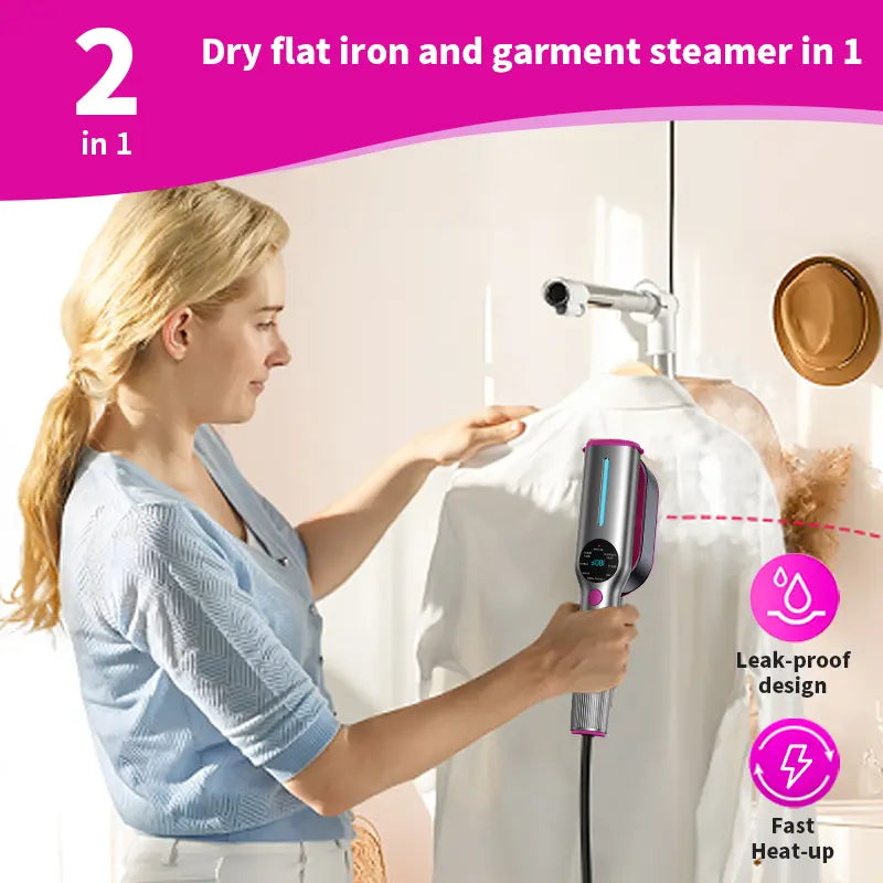 Portable garment steamer with 7 speed settings, LED display, rapid 5-second heating, 90° rotatable handle, suitable for home and travel use.