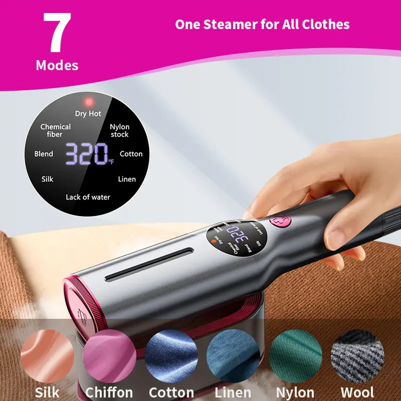 Portable garment steamer with 7 speed settings, LED display, rapid 5-second heating, 90° rotatable handle, suitable for home and travel use.
