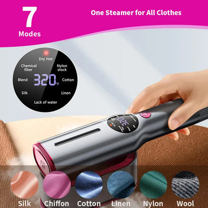 Portable garment steamer with 7 speed settings, LED display, rapid 5-second heating, 90° rotatable handle, suitable for home and travel use.