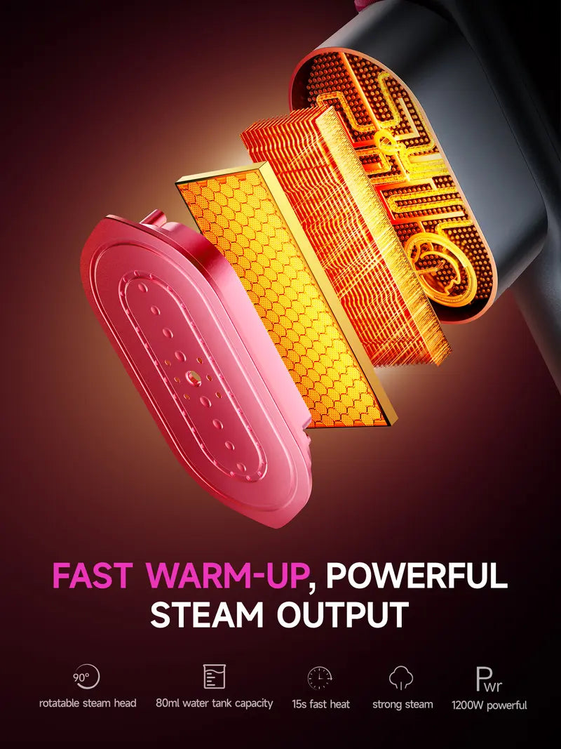 Portable garment steamer with 7 speed settings, LED display, rapid 5-second heating, 90° rotatable handle, suitable for home and travel use.