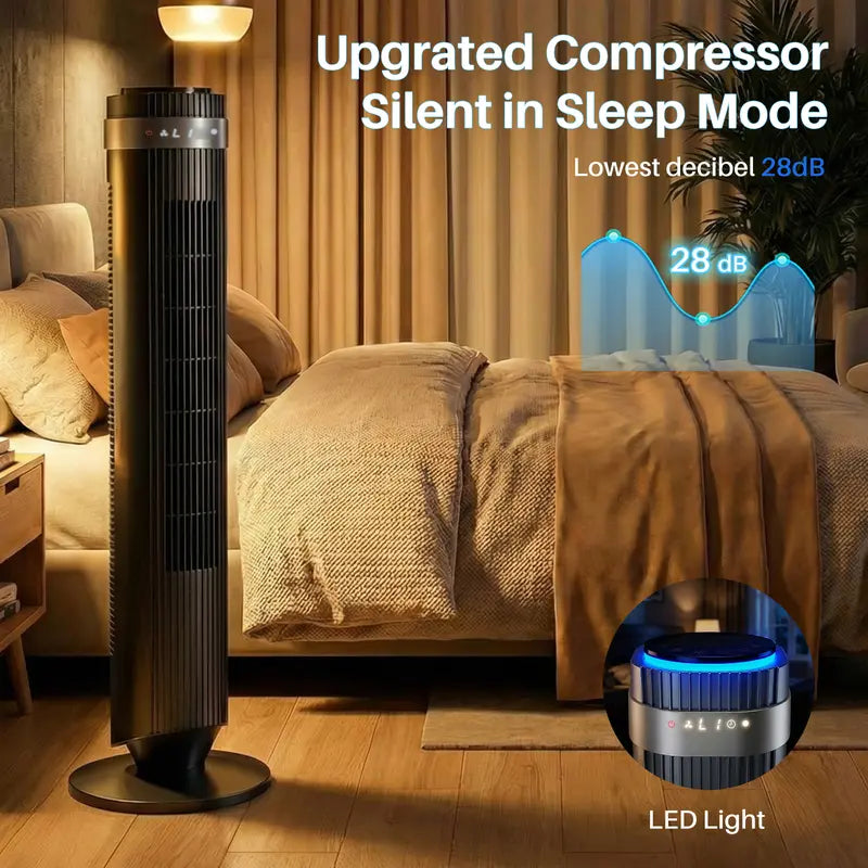 Smart Silent Tower Fan: 28dB Ultra-Quiet, 12H Timer, Bladeless Design & Wide-Angle Cooling