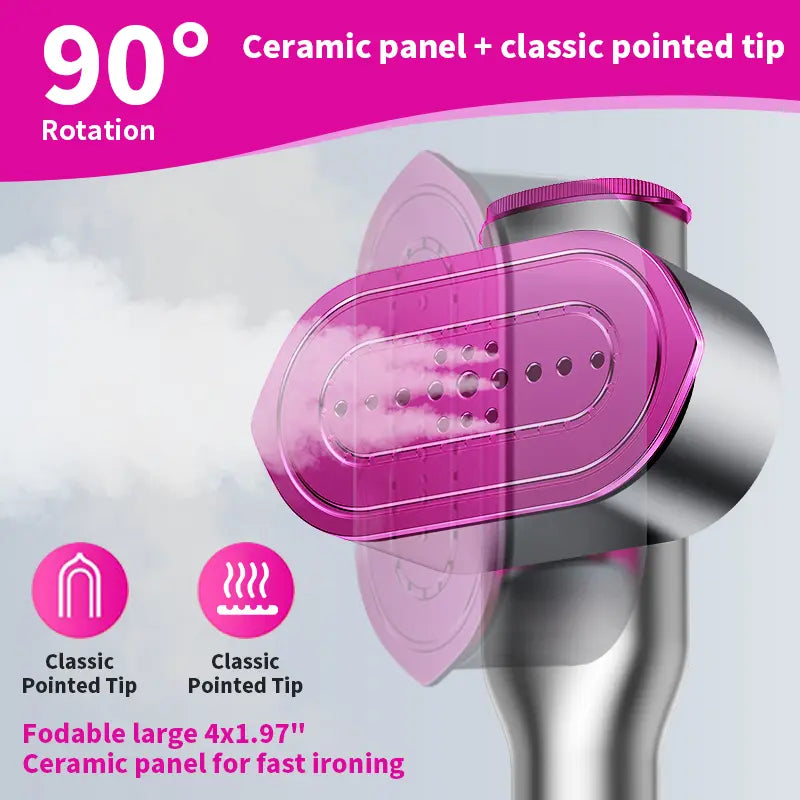 Portable garment steamer with 7 speed settings, LED display, rapid 5-second heating, 90° rotatable handle, suitable for home and travel use.