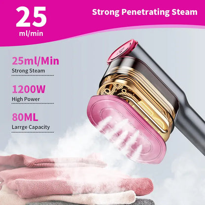 Portable garment steamer with 7 speed settings, LED display, rapid 5-second heating, 90° rotatable handle, suitable for home and travel use.