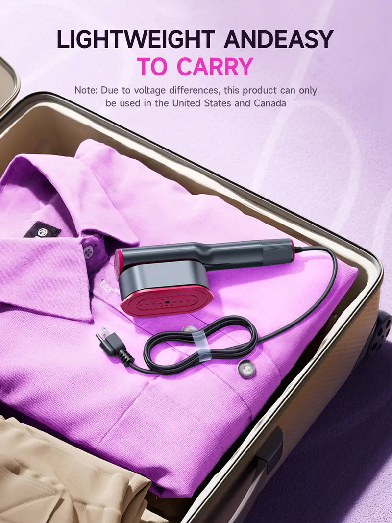 Portable garment steamer with 7 speed settings, LED display, rapid 5-second heating, 90° rotatable handle, suitable for home and travel use.