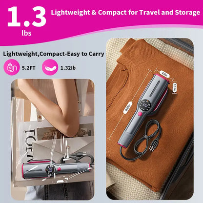 Portable garment steamer with 7 speed settings, LED display, rapid 5-second heating, 90° rotatable handle, suitable for home and travel use.